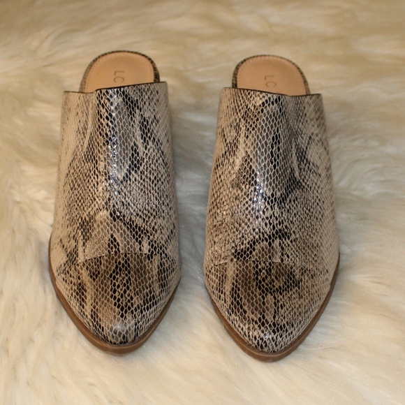LC Tan Faux Leather Anima Snake Print Pointed Toe Chunky Block Heel Mules Shoes - Picture 5 of 12